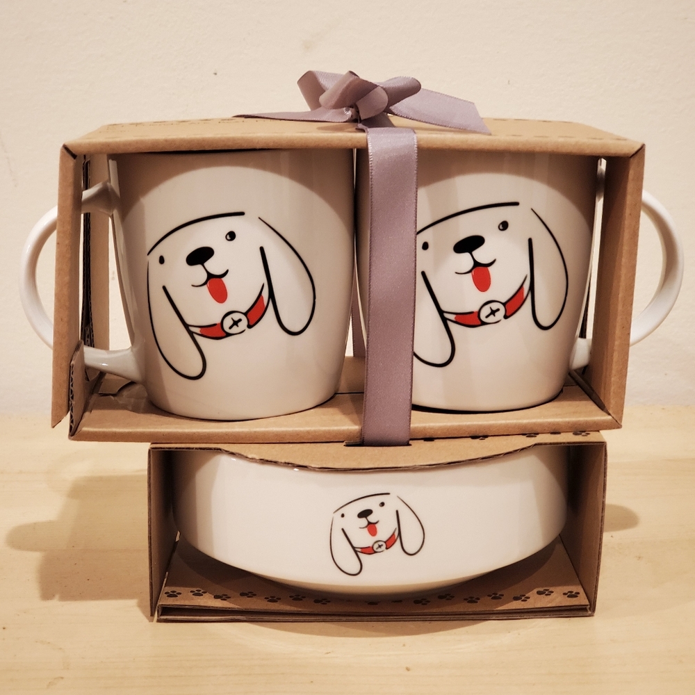 Matching Ceramic Mugs and Dog Bowl